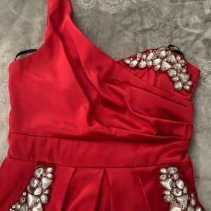 One shoulder red rhinestone dress